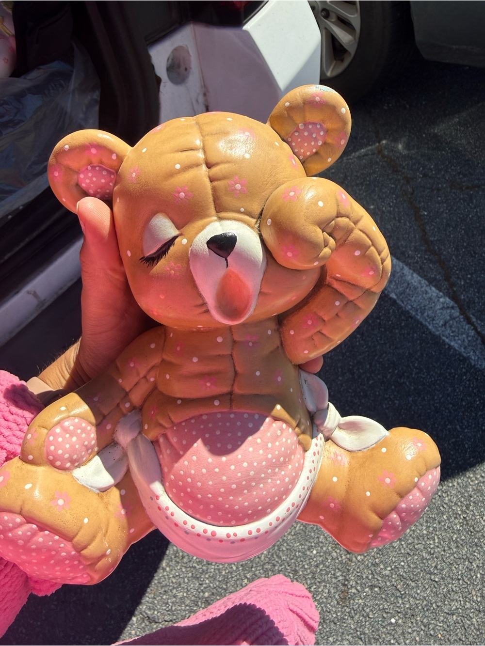 Sleepy Polka-Dot Bear Plush in Pink and Tan